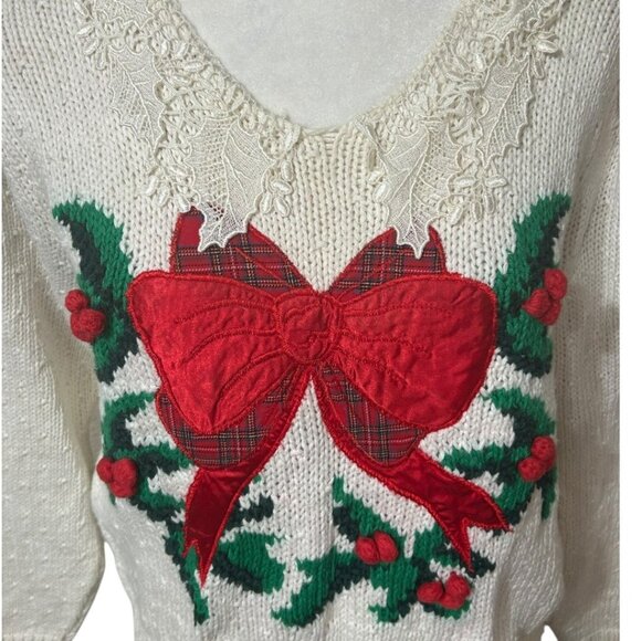 Vintage Bechamel White Christmas Sweater Red Bow Holly Lace Collar - Size Large - Picture 3 of 7